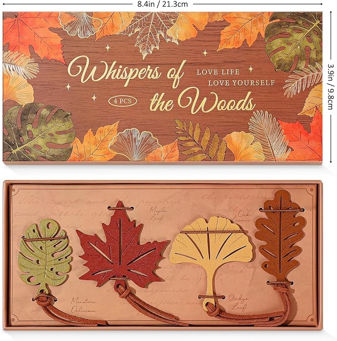 4 Pcs Vintage Wooden Bookmarks Gift Set, Retro Carved Leaf Theme Wood Bookmark with Leather Tassels, Must Have Book Mark Gift Box for Women Girls Readers Book Lovers Writers Teachers Students