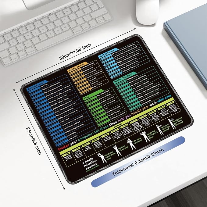 Excel Mouse pad—11.8 * 9.8inch Portable Size |Contains 5 Excel Function modules, FN Shortcut Keys and Practical Relaxation Exercises，Work、Study、Gaming Mouse pad,Excel Cheat Sheet Desk pad