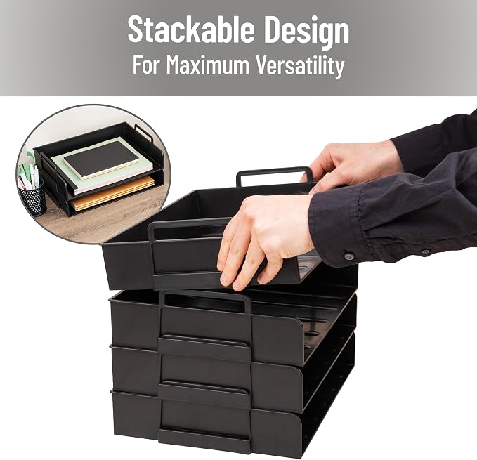 Mind Reader Stackable Paper Tray, Desktop Organizer, File Storage, Office, Plastic, 13.75" L x 10" W x 10.75" H, 4 Pcs., Black
