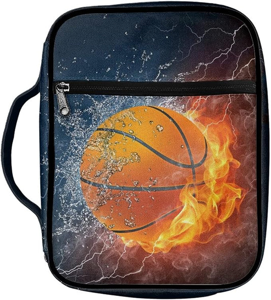 Coldinair Fire Water Basketball Print Bible Case for Men Boys Teens,Bible Cover Bags Carrying Book Case Church Bag Bible Protector with Handle and Zippered Pocket