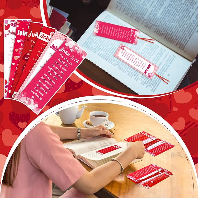 Skyygemm 60 Pcs Valentine's Day John 3: 16 Bookmarks Religious Bible Verse Bookmark Red Heart Valentines Day Exchange Gifts for Valentine's Party
