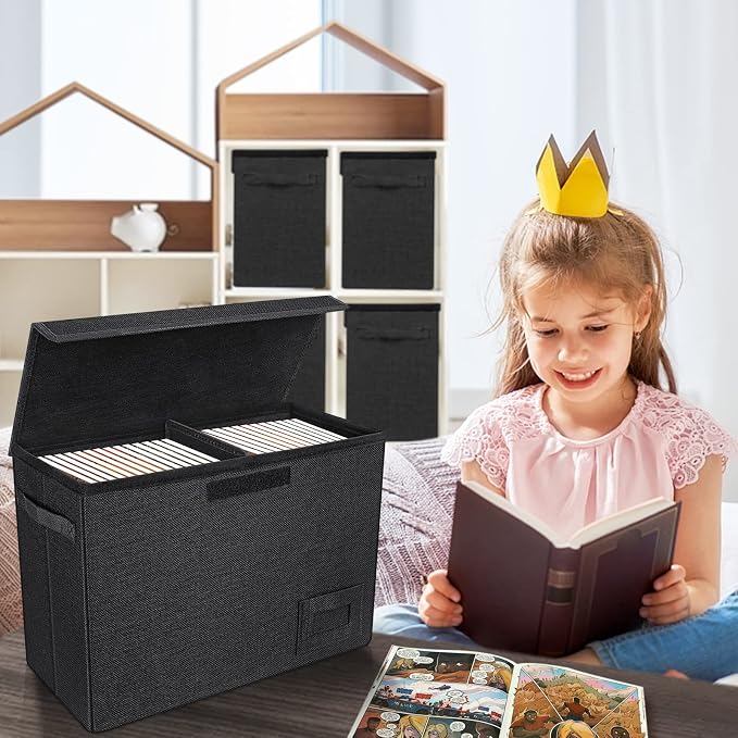 YSCare 4-Pack Comic Book Storage, Collapsible Comic Book Case with Dividers and Carrying Handles, Comics Short Box Holds 150 Comics, 15.5" X 7.5" X 11.3" Heavy-Duty Stackable Case