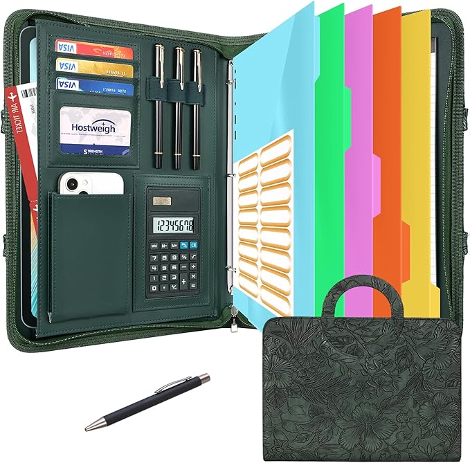 Portfolio Organizer - 3 Ring Binder with Zipper, Vegan Leather Business Padfolio Folder with Notepad Includes 5 Dividers with 10 Pockets for Documents Files for Men Women