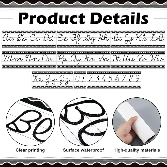 Set of 9 Cursive Writing Bulletin Board Cursive Alphabet Wall Strip for Teacher Supplies, Classroom Teaching Tool, Homeschooling, Kids Education(Rustic)