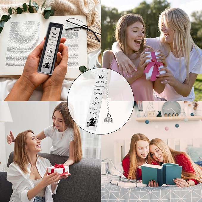 Inspirational Bookmark Gifts for Girls Women - Never Underestimate The Power of a Girl with a Book, Gift for Book Lovers Teachers Friends Readers Students Graduation Birthday Christmas (Silver)