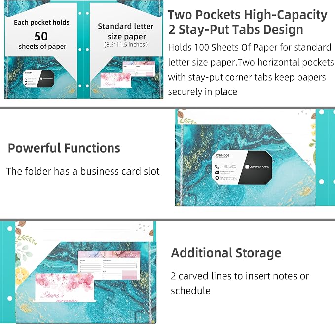 Ospelelf Folders with Pockets, Waterproof Plastic Folder with Two Fixed Corner Tabs and 2 Pockets Includes Business Card Slot, Includes Sticker, Fits 3 Ring Binder Holds 11" x 8.5", 6-Pack