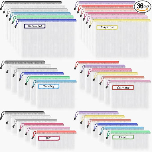 Umriox Mesh Zipper Pouch Bags, A4+A5+A6 (12 Colors, 36 Pack), Mesh Bags with Zipper, Storage Bags, Zipper Bags for Office Supplies Travel Storage