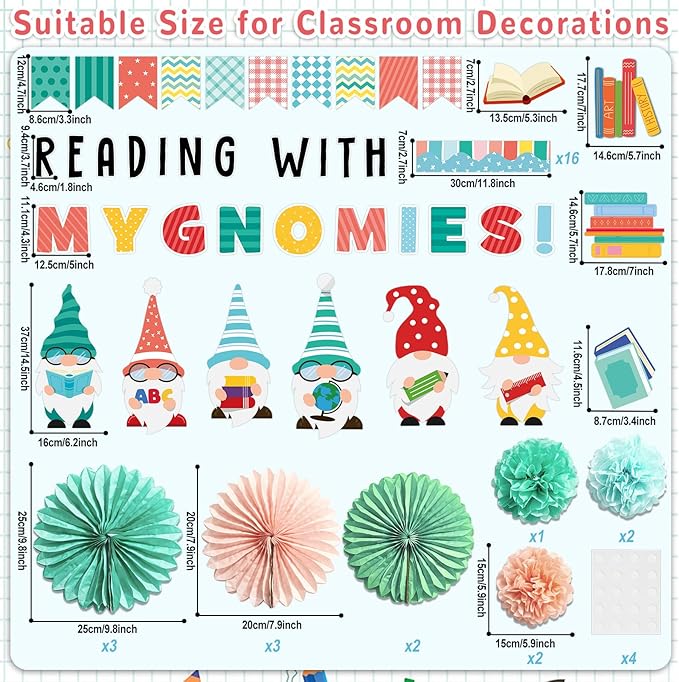 Back to School Gnomes Bulletin Board Decorations Set with 3D Tissue Paper Flower Paper Fan Reading My Gnomies Classroom Bulletin Board Border Gnomes Books Cutouts for Library Home Chalkboard Supplies