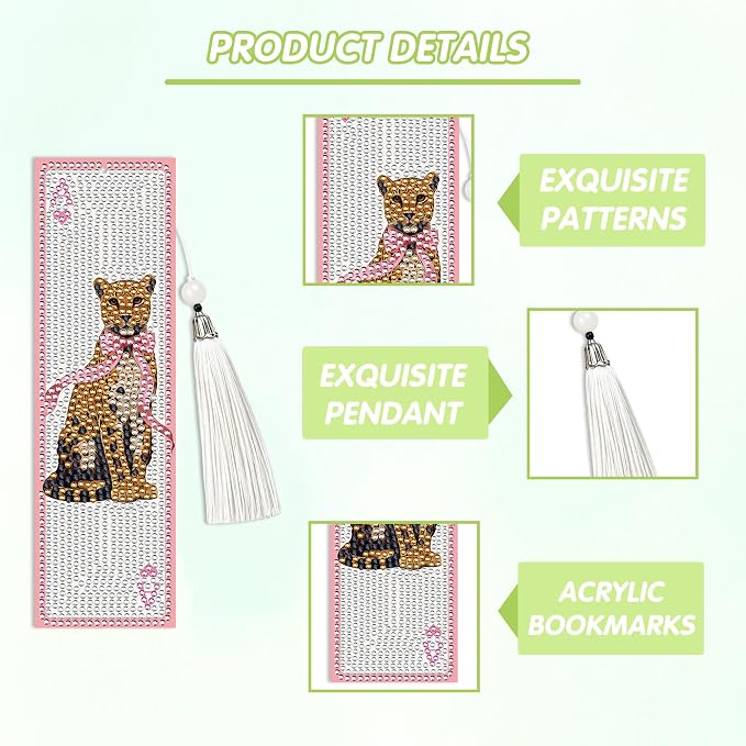Y2K Coquette Diamond Art Bookmarks, 8 Pcs Pink Bow Leopard Diamond Painting Bookmark Kits for Adults Lucky 8 Ball Design, DIY Girly Aesthetic Book Marks with Tassels for Reading Lover Gifts