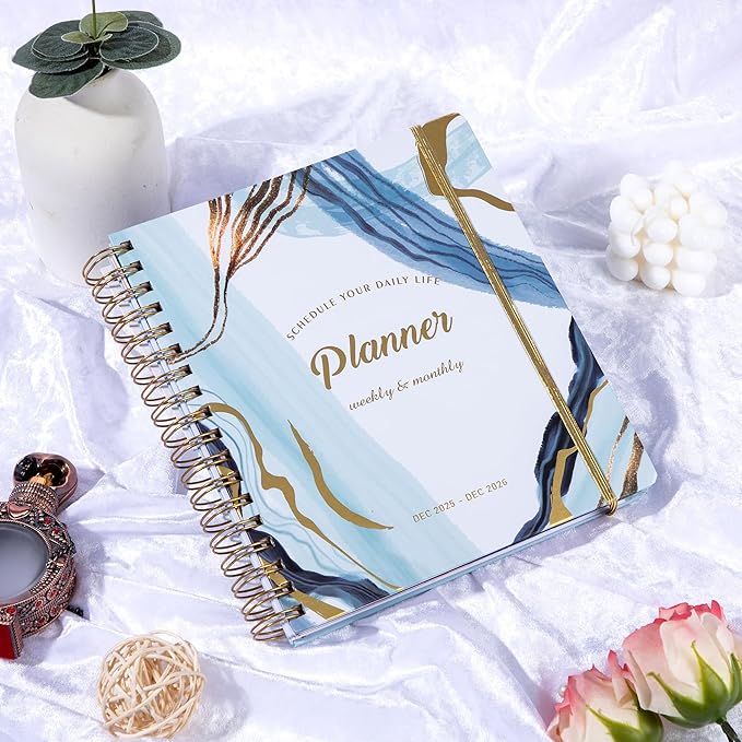 CAGIE 2026 Planner Weekly and Monthly Dec 2025–Dec 2026 Hardcover Planner with Pockets, 13 Month Large Blue Marble Calendar Planner with Stickers Tabs, Spiral Bound Yearly Calendar Planner for Women, 8.3" x 9.3"