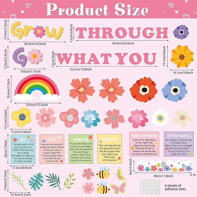 Spring Bulletin Board Decorations Positive Flower Bee Butterfly Paper Cutouts Motivational Grow Through What You Go Through Bulletin Board Set for School Classroom Chalkboard Wall Decoration Favor
