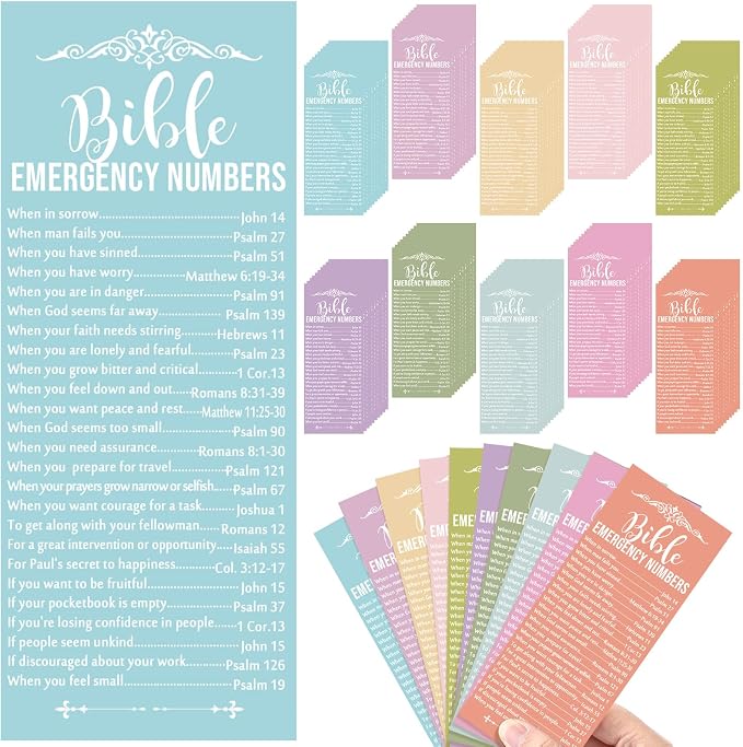Motiskyy 100 Pcs Christian Bible Verse Emergency Numbers Bookmark Religious Church Gift 2.36 x 6'' Catholic Books of The Bible Card for Women Men Retreat Sunday School(Pastel Color)