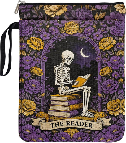 Gothic Skull Purple Garden Book Sleeve Pouch for Women Book Lovers, Fantasy Novel Reader Gifts for Reader Writer, Tarot Book Covers for Paperbacks with Handle, Reading Accessories for Student