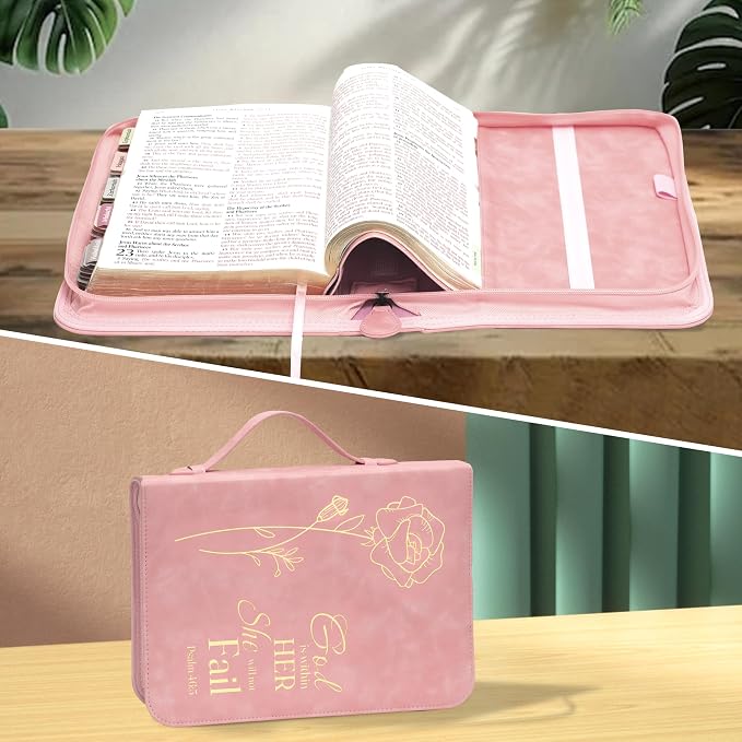 Bible Cover for Women, Bible Holder, Bible Cover Carrier Carrying Organizer Bag, God is Within Her She Will Not Fall, Zipper and Pockets for Standard Size Bible, Gift for Women(Pink-glod)
