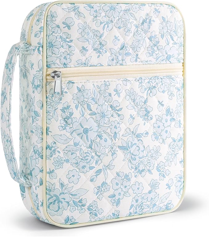 WOBAGMEN Bible Cover Case for Women,Large Bible Tote Bags Organizer Quilted Carrying Case for Girls,Bible Study Supplies Accessories Christian Gifts for Women (Cute Blue Floral, M)