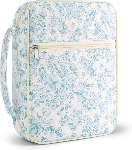 WOBAGMEN Bible Cover Case for Women,Large Bible Tote Bags Organizer Quilted Carrying Case for Girls,Bible Study Supplies Accessories Christian Gifts for Women (Cute Blue Floral, M)
