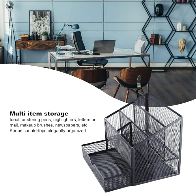Desk Organiser, Metal Mesh with Removable Drawer, for Office Supplies, Books, Stationery and Desktop Storage, Black