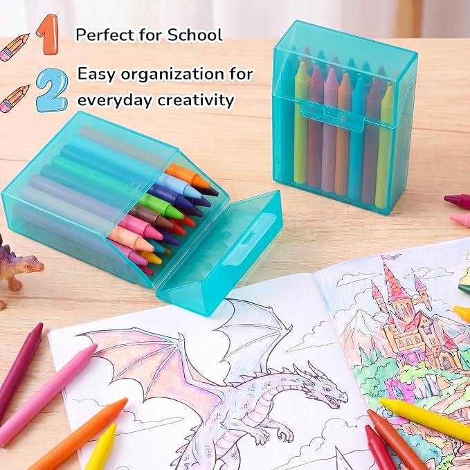 Clabby 4 Pcs Plastic Crayon Organizer Case for 24 Count Crayons Kids Art Supply Storage Box with Lid, Portable Holder for Classroom Home Travel, Fits Standard 24-Pack Crayon (Teal)
