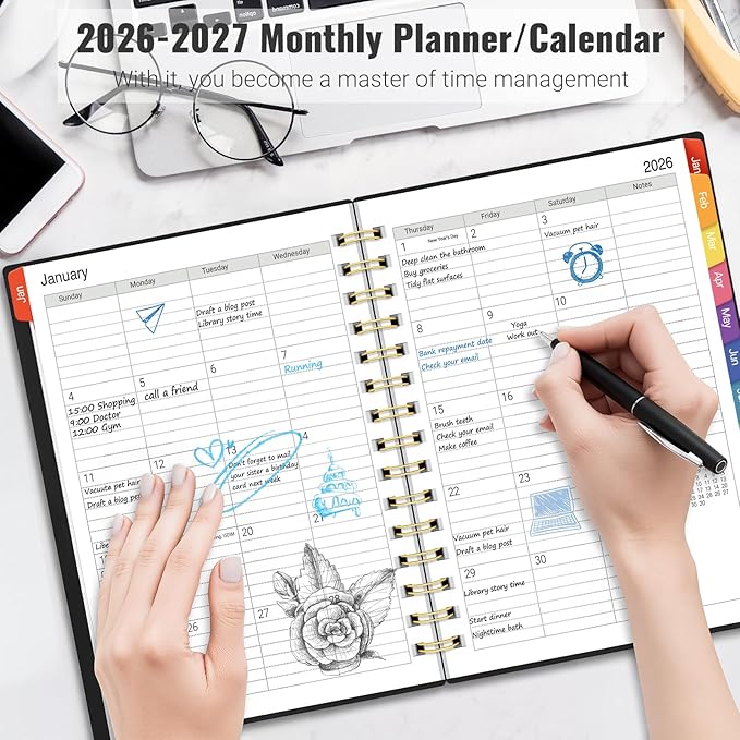 Daily Planner 2026-2027, 18 Month Planner with Tabs, January 2026 - June 2027 Weekly and Monthly Agenda Year Calendar Spiral Time Management, 100GSM Thick Paper, Twin-Wire Binding, A5 Size, Black