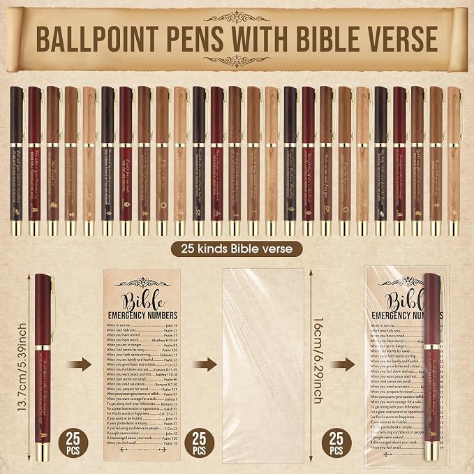 Feifeiya 25 Sets Fathers Day Christian Gifts Bible Bulk Emergency Number Bookmark Scripture Religious Pen for Men Church Welcome Sunday School Favors (English)
