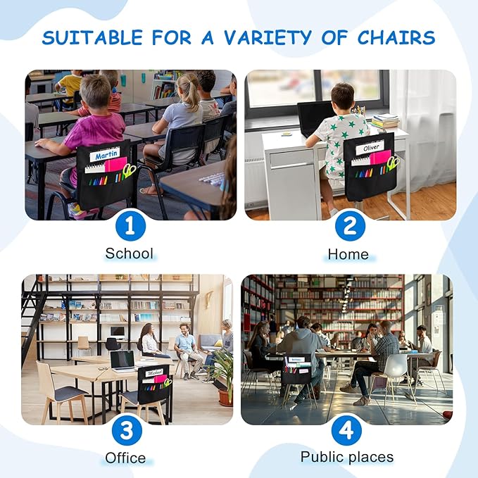 2 PCS Chair Pockets for Classrooms, Seat Pockets with Expandable Elastic Strap, Seat Sacks for Classroom Chairs with Name Tag, Back to School Supplies for Student Teacher Organizer (Black, 2 pack)