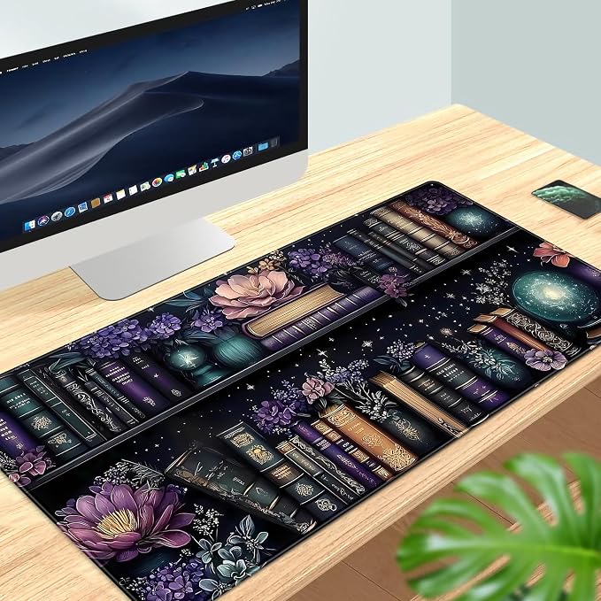 Purple Flowers Bookshelf Desk Mat Bookish Desk Pad Celestial Floral Books Large Mouse Pad XXL Extended Mousepad Aesthetic Keyboard Pad Crystal Globe Mouse Mat 31.5x15.7 in Office Decor for Women