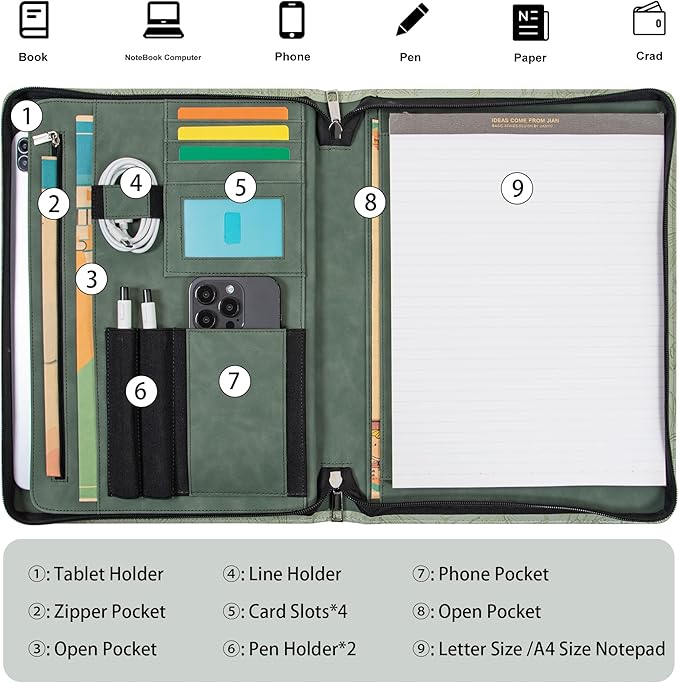 Embossed Vegan Leather Portfolio for Women,Professional Organize Padfolio with A4 Notepad Holder,Professional Business Document Organizer for Women (Light Green)