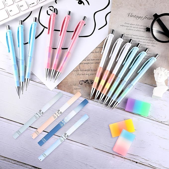 Boao 23 Pieces Pastel Mechanical Pencil Set, 12 Pcs 0.9 mm Cute Aesthetic Mechanical Pencils, 8 Tubes 120 Pcs Pencil Lead Refills 0.9 mm 3 Erasers for School Supplies Classroom Student Drawing Writing