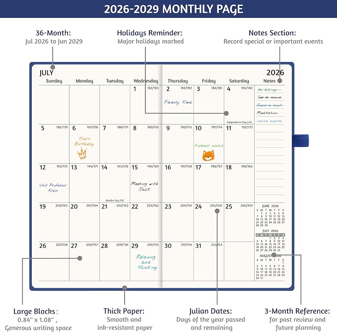 2026-2029 Pocket Monthly Planner, 3 Year Calendar 2026-2029, 6.2’’ x 3.6’’ x 0.67’’, Small Calendar 2026, 36 Months from Jul 2026 - Jun 2029, Hardcover, Back Pocket, Thick Paper, Lightweight to carry, Blue