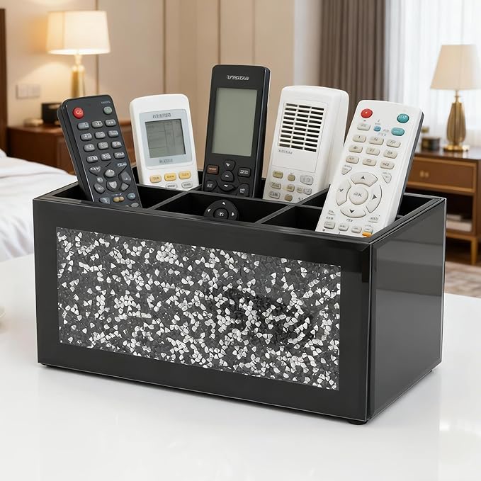 SHYFOY Glass Remote Control Holder with 6 Compartments TV Remote Caddy Storage Box,Desktop Organizer Store Controller,Glasses,Brush,Media Player,Pen,Space Saver for Bedside Table/Office Desk(Black)