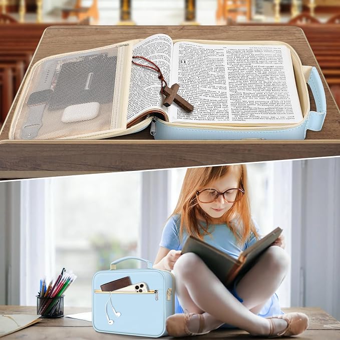 FINPAC Large Bible Cover w/Shoulder Strap, Carrying Book Case Church Bag Bible Protective w/Pen Slots and Zippered Pocket, Gift for Women Lady, Letter Blue