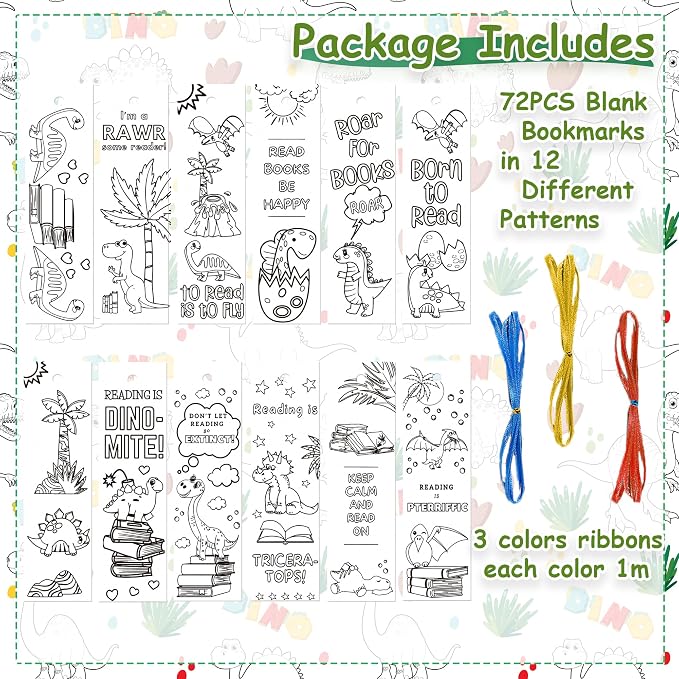 75PCS Color Your Own Bookmarks DIY Coloring Blank Bookmark for Kids Classroom Art Craft Supplies for Children Teachers Students Birthday Gift Party Reward Goodie Fillers (Dinosaur)