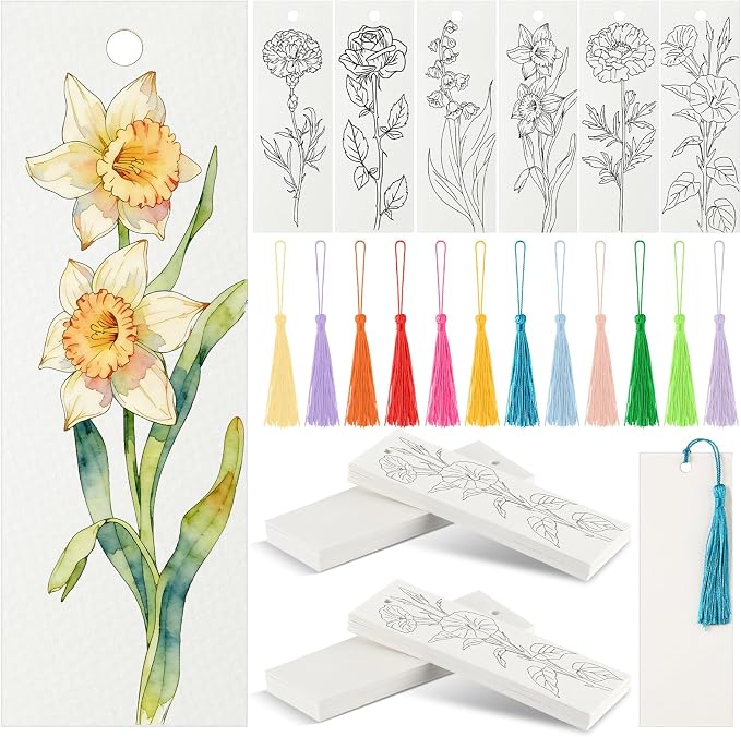 Sinmoe 120 Pcs Color Your Own Bookmarks 6 Styles Watercolor Bookmarks to Paint Card Stock Paper Watercolor Colorful Tassels Craft DIY for Classroom Projects Gifts Tags 5.9 x 2 Inch