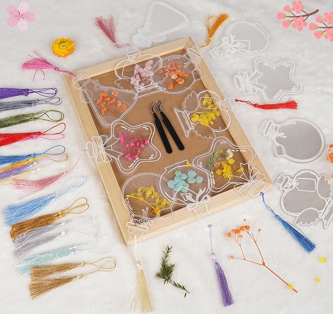 50 Pcs Bookmark Making Kit Transparent, Book Marks DIY Dried Flower Set, Include Clear Bookmarks, Colorful Tassels, Tweezer and Open Tags, Handmade Large Size Bookmark Page for Women
