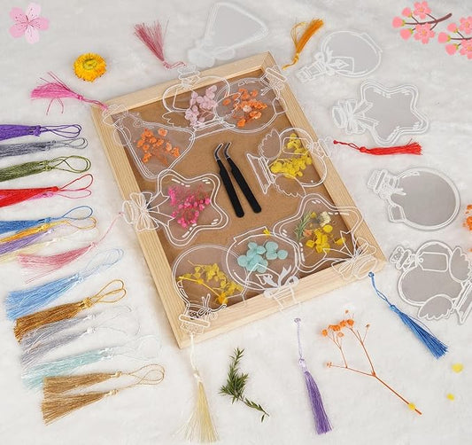 50 Pcs Bookmark Making Kit Transparent, Book Marks DIY Dried Flower Set, Include Clear Bookmarks, Colorful Tassels, Tweezer and Open Tags, Handmade Large Size Bookmark Page for Women