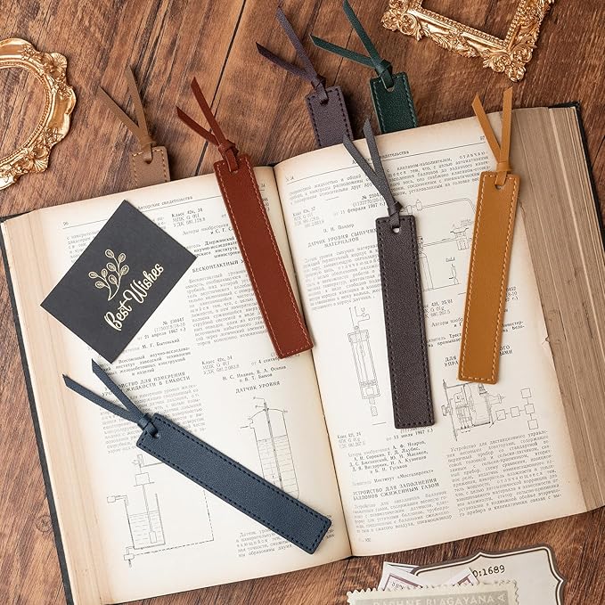 MIXVOVA 12 Pcs Leather Bookmark with Tassel, Classic Style Bookmark, 0.05 Inches Thin Handmade Stitched Bookmarks for Men, Book Marks for Reading, Gifts for Book Lovers, Readers