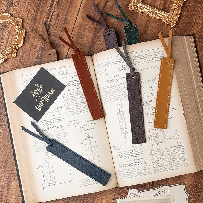 MIXVOVA 6 Pcs Leather Bookmark with Tassel, Classic Style Bookmark, 0.05 Inches Thin Handmade Stitched Bookmarks for Men, Book Marks for Reading, Gifts for Book Lovers, Readers (Light Retro)
