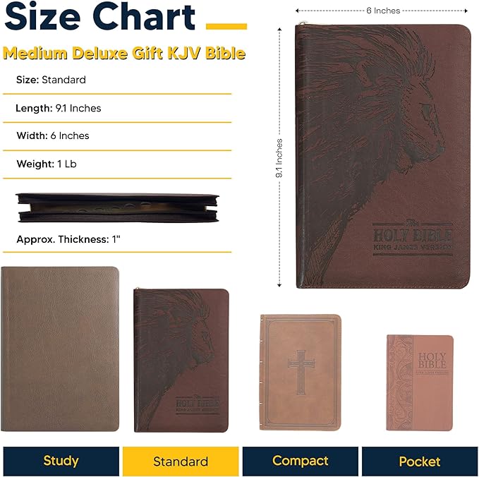 Personalized KJV Deluxe Holy Bible Walnut Brown Faux Leather Medium Print Size with Lion Head Design, Zipper and Index Tabs Custom with Name, Date or Text | Gift for Christian & Religious Celebrations