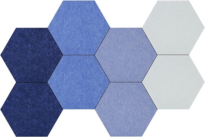 Vienrose Hexagon Felt Bulletin Board Self Adhesive Pin Board Wall Decoration Tiles with 35 Push Pins for Office Home and School, Blue Series 8 Pack