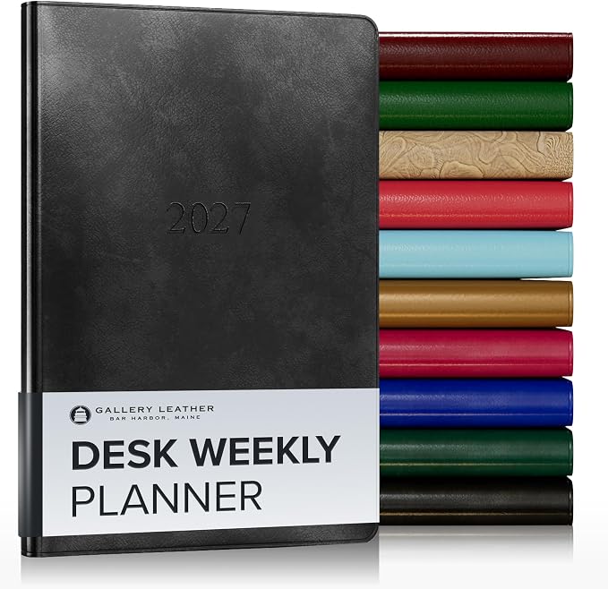 Gallery Leather Desk Weekly Monthly Planner 2027, Elegantly Bound Calendar Planner and Notebook with Stylish Gold-Gilded Page Edges, 12 Months - Acadia Black - 8x5.5"