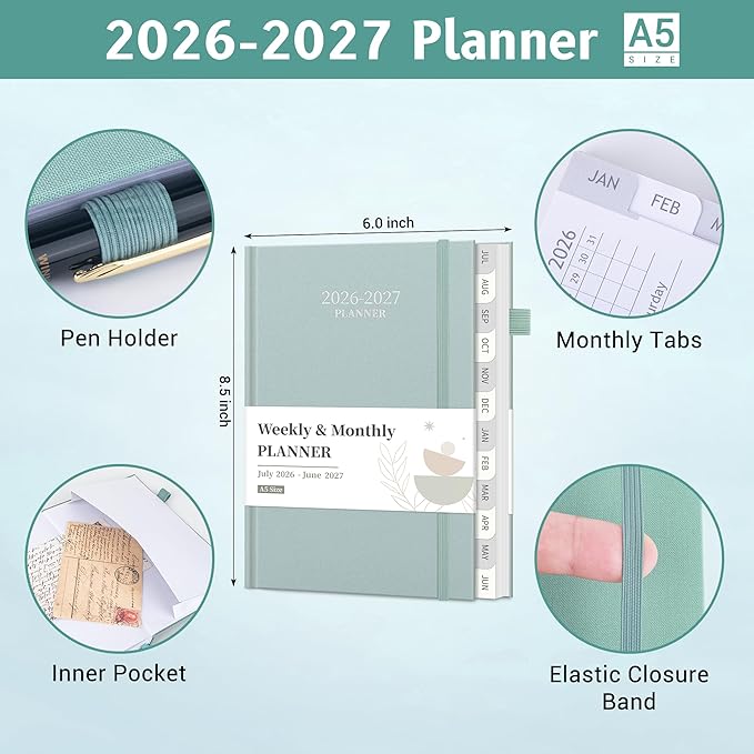 2026-2027 Planner, Weekly and Monthly Calendar Planner from July 2026 - June 2027, 6" x 8.5" Linen Hardcover Agenda Book with Tabs, Pen Holder, Inner Pocket for Office School, Blue