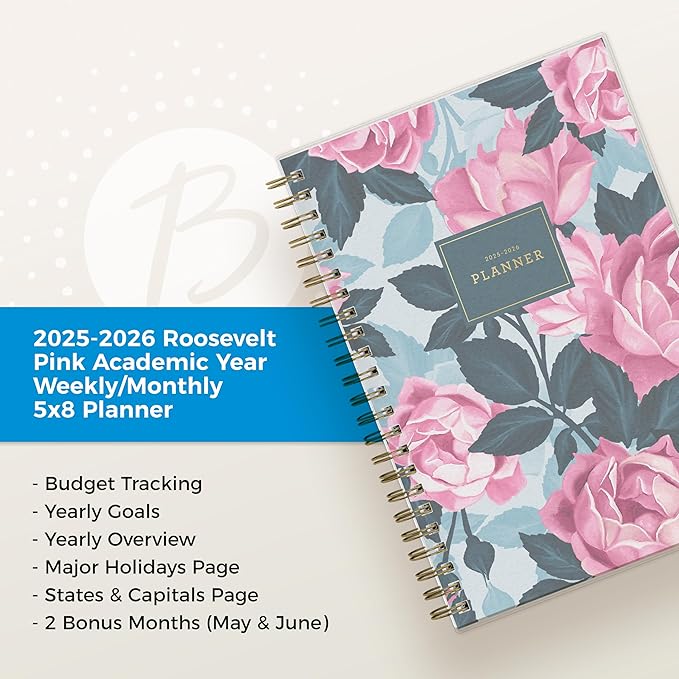 Blue Sky 2025-2026 Weekly and Monthly Academic Year Planner Calendar, July 2025 - June 2026, 5" x 8", Flexible Cover, Wirebound, Laminated Tabs, Roosevelt Pink