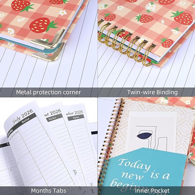 2026 Planner, Jan.2026 - Dec.2026 Planner Weekly and Monthly 6.25"x8.5" with with Page Tabs, Calendar Hardcover with Inner Pocket, Elastic Band, Twin-Wire Binding, Bookmark,Strawberry Lattice