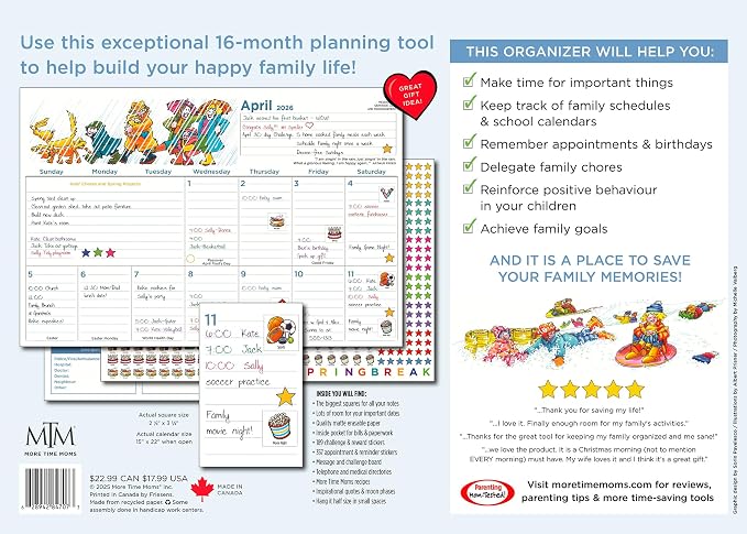 More Time Moms Family Organizer & Calendar, 2026 (15x22 Inches) - September 2025 to December 2026 - Larger & More Space for in-Depth Planning - Includes Over 500 Stickers, 16 Months, & Much More