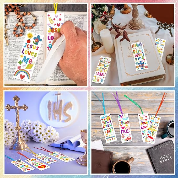 Yaomiao 120 Pcs Jesus Loves Me Bookmarks with Ribbon Jesus Party Favors Paper Religious Cross Bookmarks Inspirational Christian Gifts Bulk for Bible Study Sunday School VBS Party Supplies