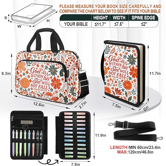 Autumn Flower Bible Cover Case for Women, Boho Cute Large Church Bible Bag Books Carrying Case with Shoulder Strap and Handle Zipper Pocket, Bible Study Supplies Journaling Kit Christian Gifts
