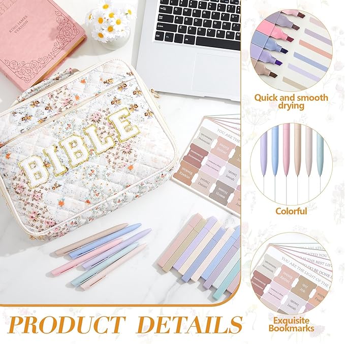 Sinload Quilted Bible Cover Case for Women 12 x 9 x 2.5 Inch Bible Chenille Letter Bag with Shoulder Strap Carrying Tabs 6 Colored Pens 12 Highlighters Christian Church Study Gifts(Colorful,Floral)