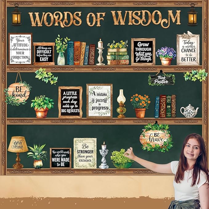 Mooliwe 57 Pcs Vintage Plant Bulletin Board Set Inspirational Greenery Classroom Decoration Potted Plant Flower Cutout for School Office Chalkboard Door Wall Decor