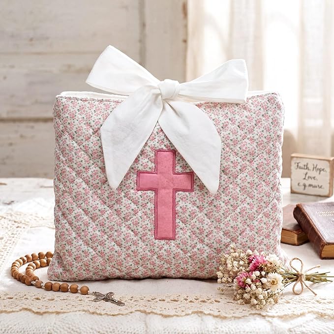 Honoson Quilted Bow Bible Sleeve Cover Case Padded Protector Washable Bible Bag Pouch Christian Gift for Women Girls Book Lover Gifts(Pink Floral Cross)