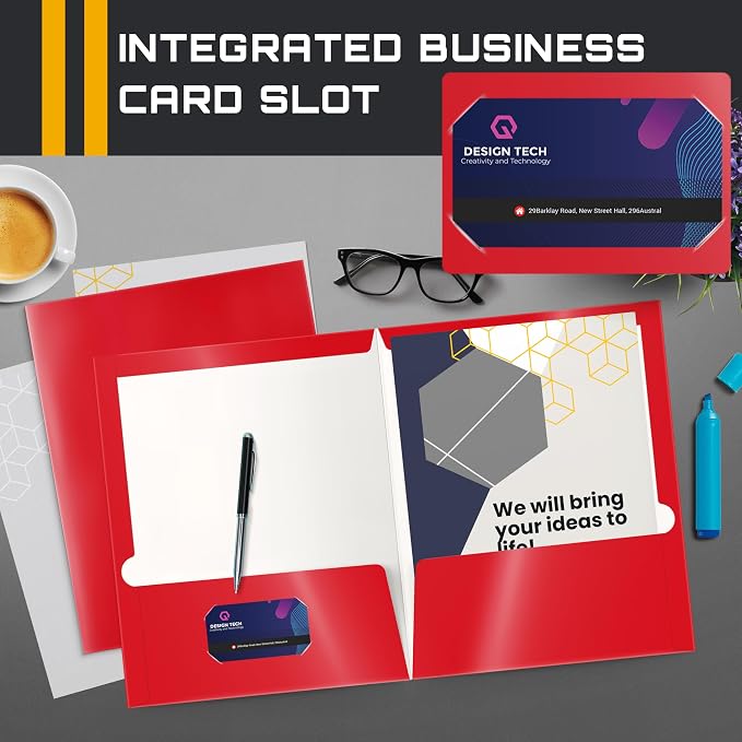 Better Office Products 2 Pocket Glossy Laminated RED Paper Folders, Letter Size, Paper Portfolios Box of 25 Red Folders